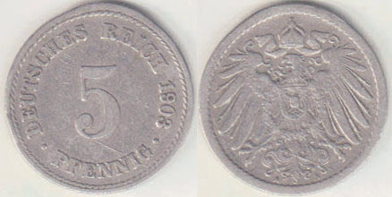 1903 A Germany 5 Pfennig A008428